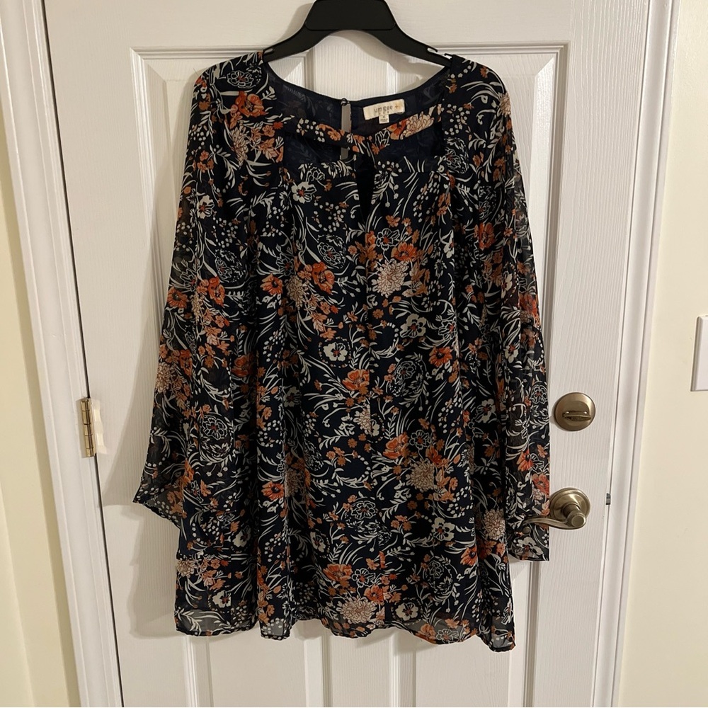 UMGEE dress size XL navy blue floral flare sleeves cotton & polyester lined